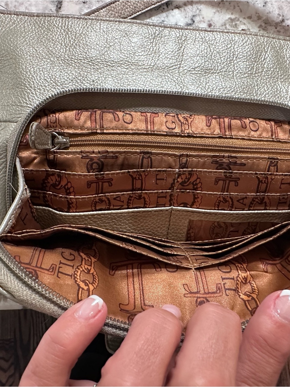 Tignanello Metallic Light Gray Leather Crossbody - Picture 3 of 5